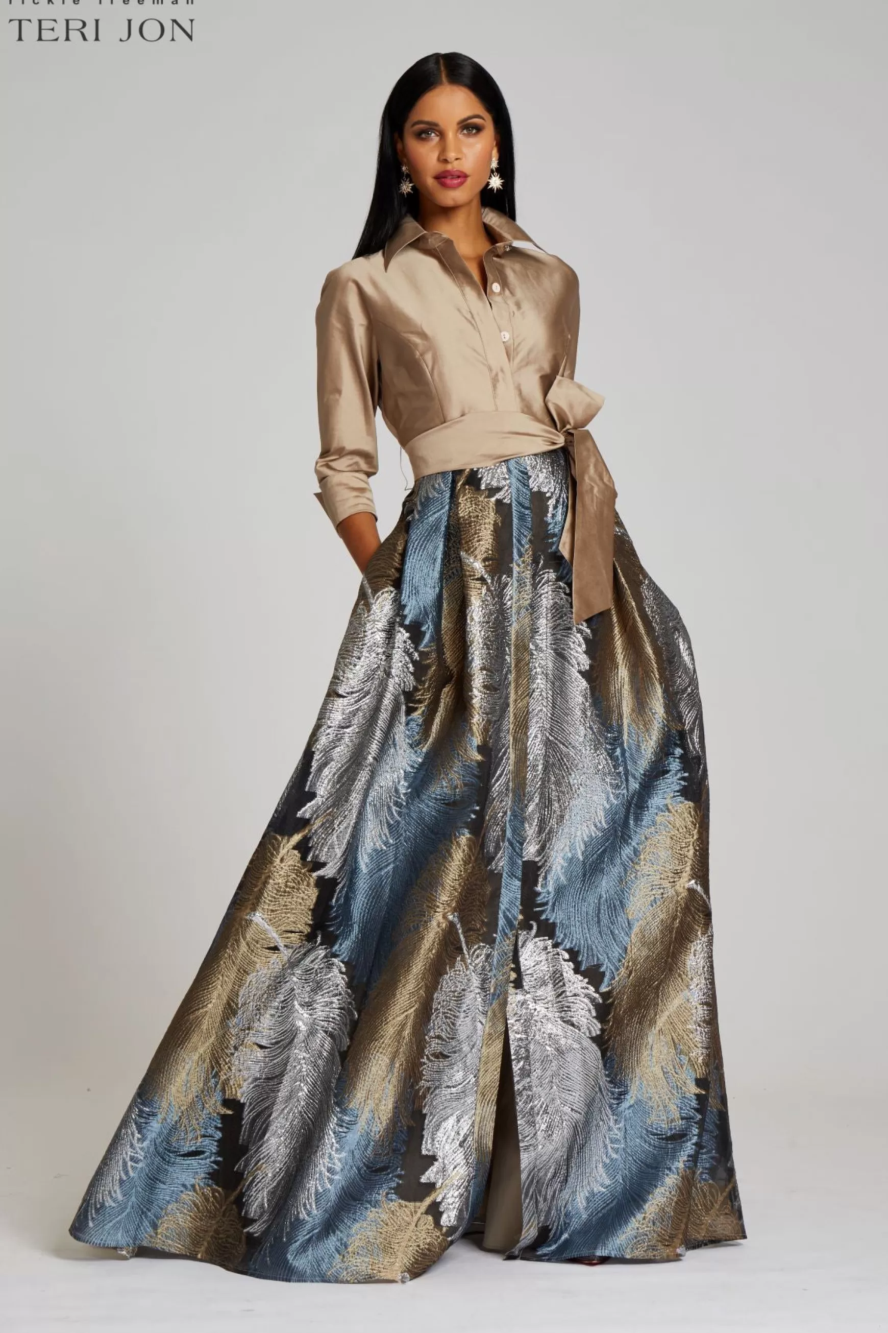 Plus Size Dresses | Evening & Formal Gowns*Teri Jon Taffeta Shirt Gown With Feather Pattern Gold Multi