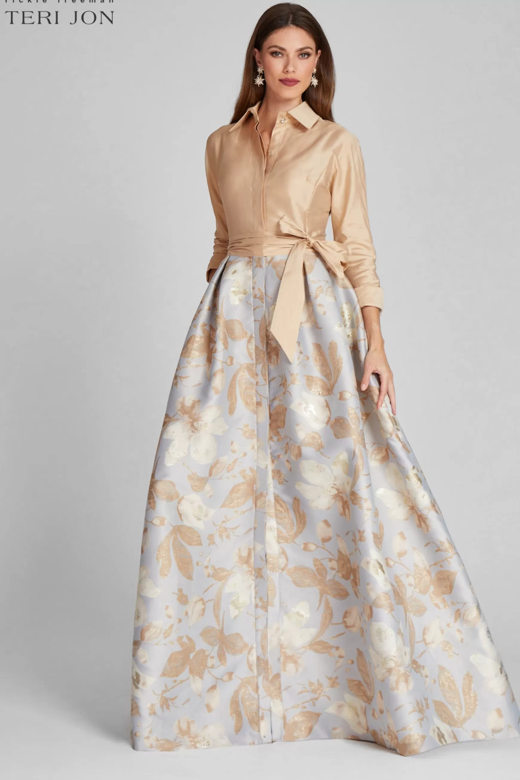 Plus Size Dresses | Evening & Formal Gowns*Teri Jon Taffeta Shirt Gown With Jacquard Floral Skirt Gold Multi