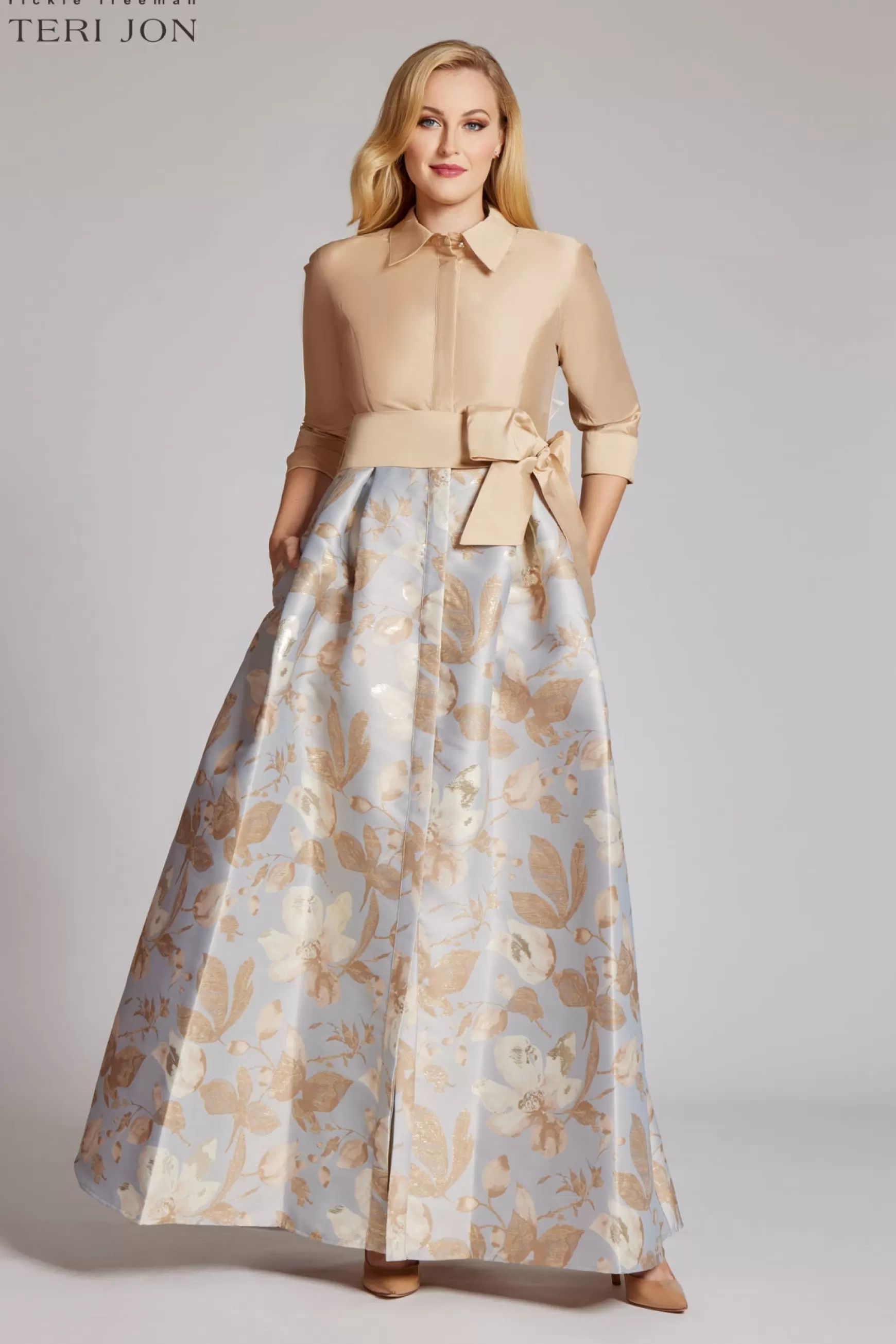 Plus Size Dresses | Evening & Formal Gowns*Teri Jon Taffeta Shirt Gown With Jacquard Floral Skirt Gold Multi