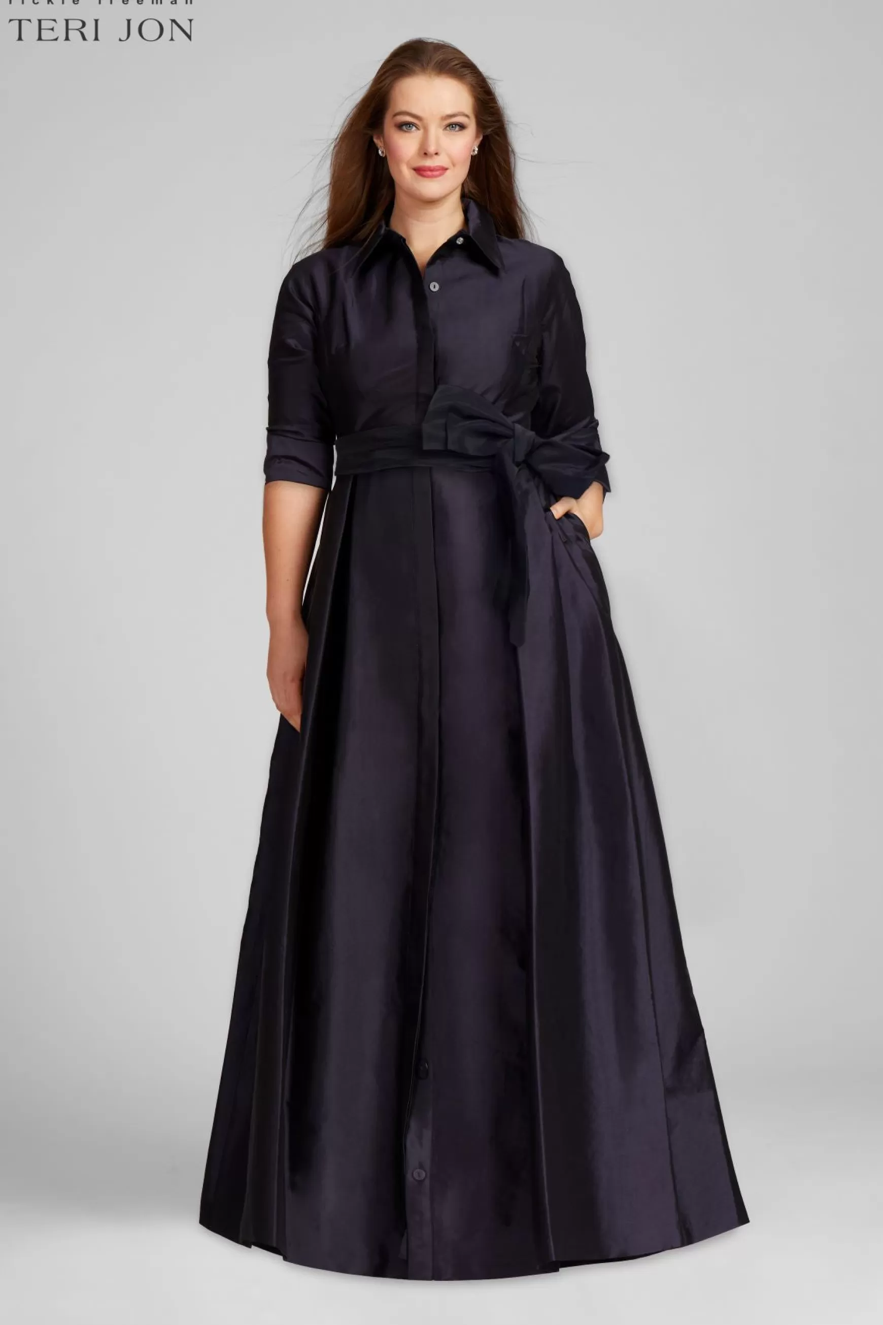 Plus Size Dresses | Evening & Formal Gowns*Teri Jon Taffeta Shirt Waist Gown gold | navy | teal