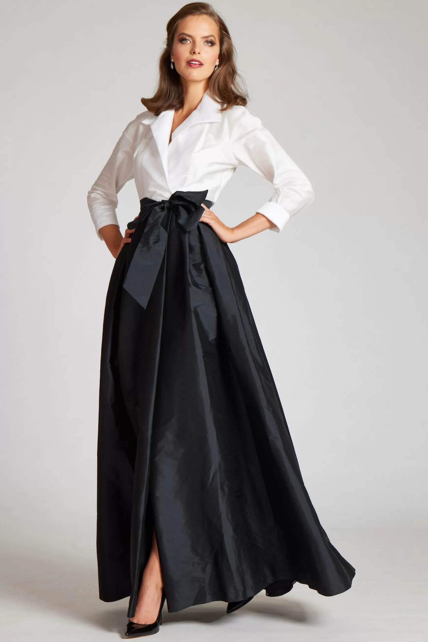 Evening & Formal Gowns*Teri Jon Taffeta Shirt Waist Gown With Envelope Collar White Black