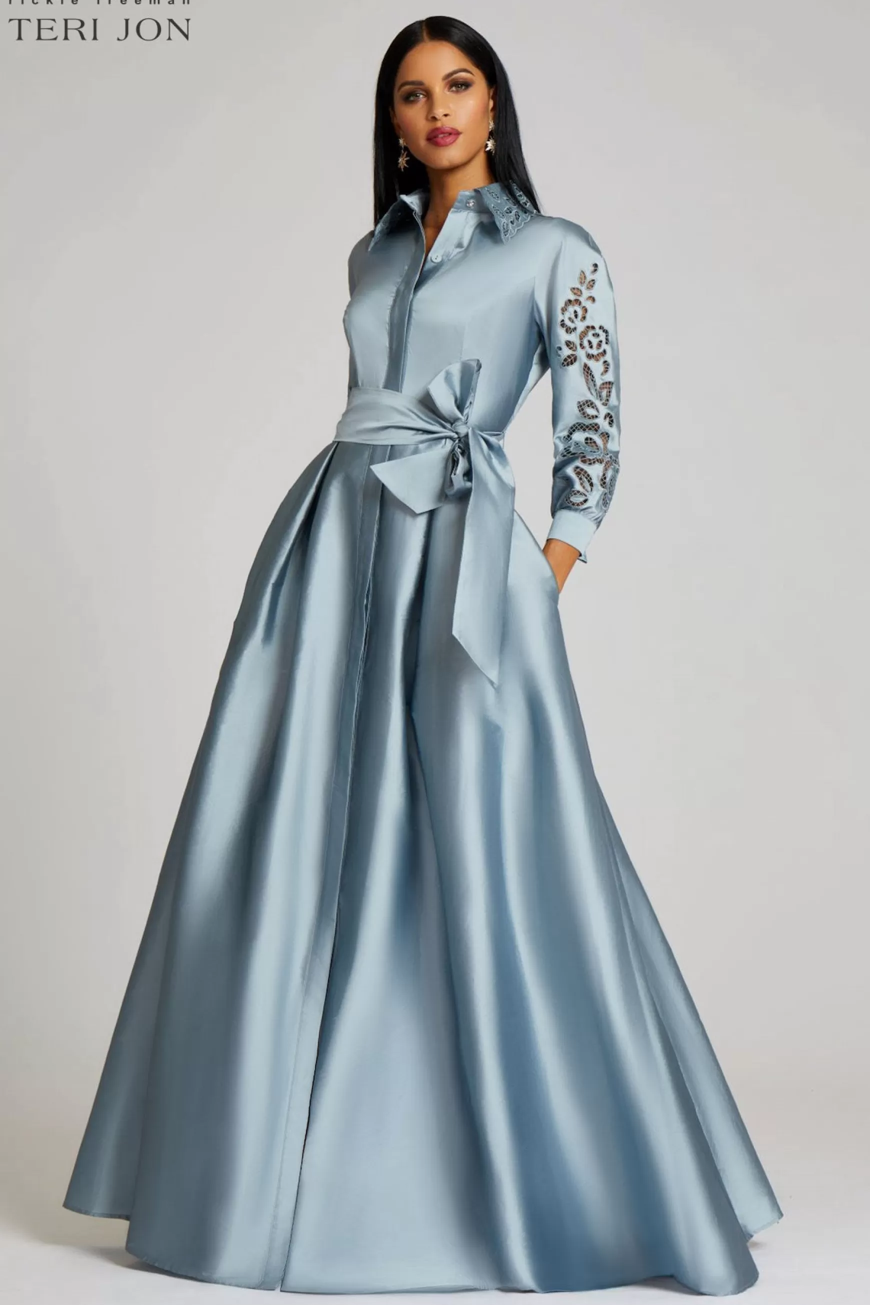 Plus Size Dresses | Evening & Formal Gowns*Teri Jon Taffeta Shirtdress Gown With Eyelet Sleeve And Collar slate | electric-blue