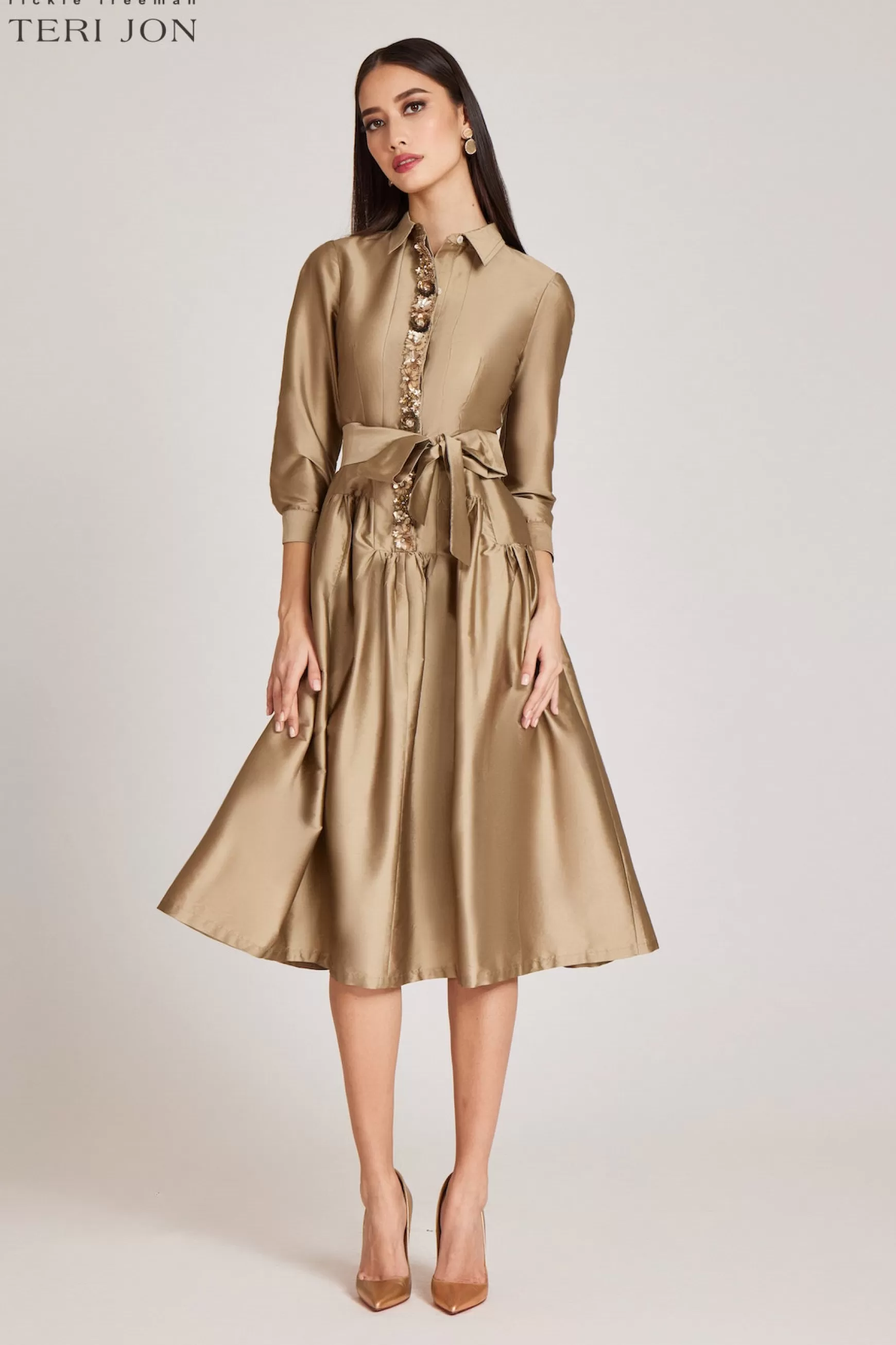 Guest of Wedding | Cocktail & Party Dresses*Teri Jon Taffeta Shirtdress With Beaded Placket magenta | gold