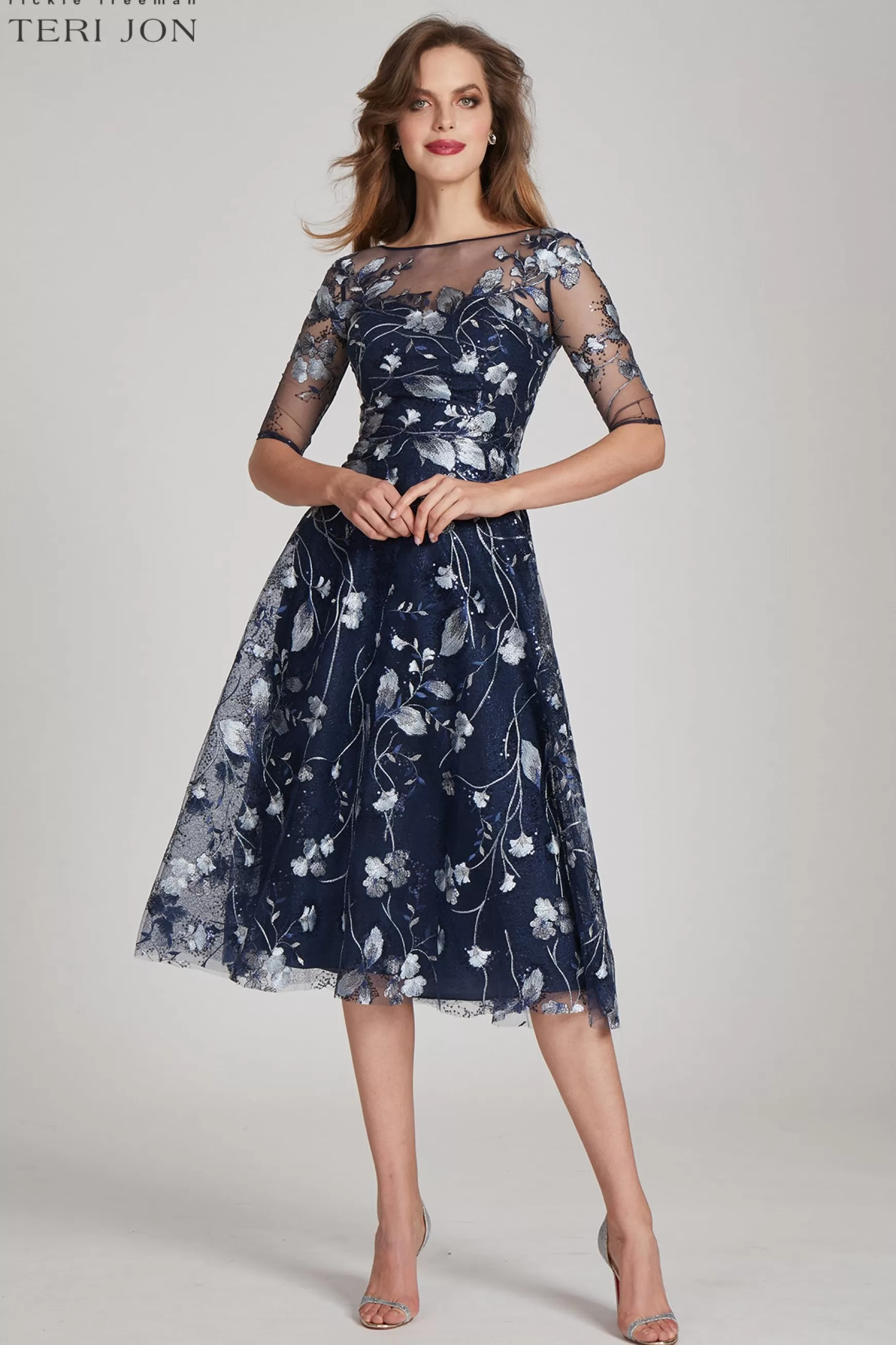 Plus Size Dresses | Shop Best Sellers*Teri Jon Tea Length Embroidered Tulle Cocktail Dress Navy Multi