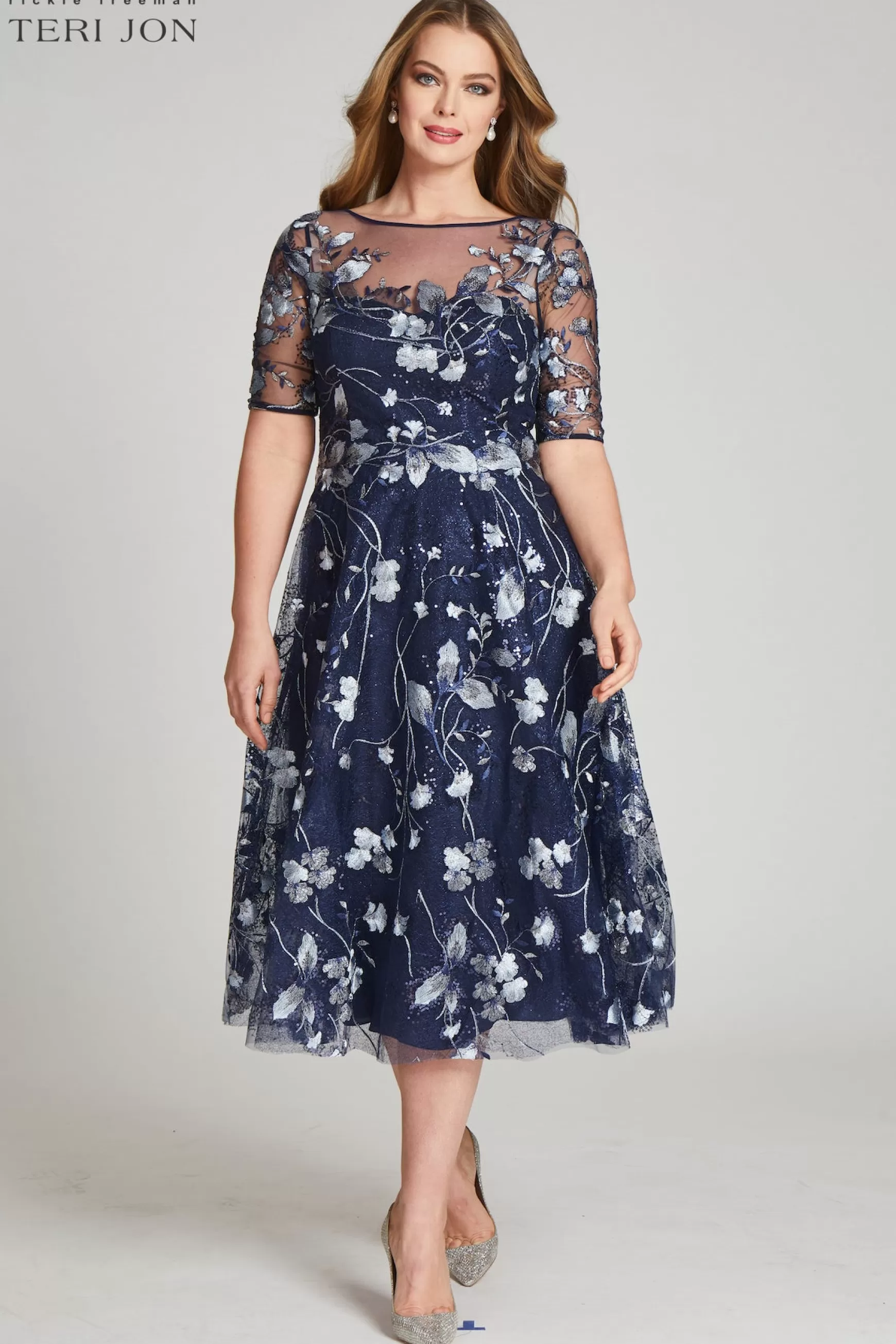 Plus Size Dresses | Shop Best Sellers*Teri Jon Tea Length Embroidered Tulle Cocktail Dress Navy Multi