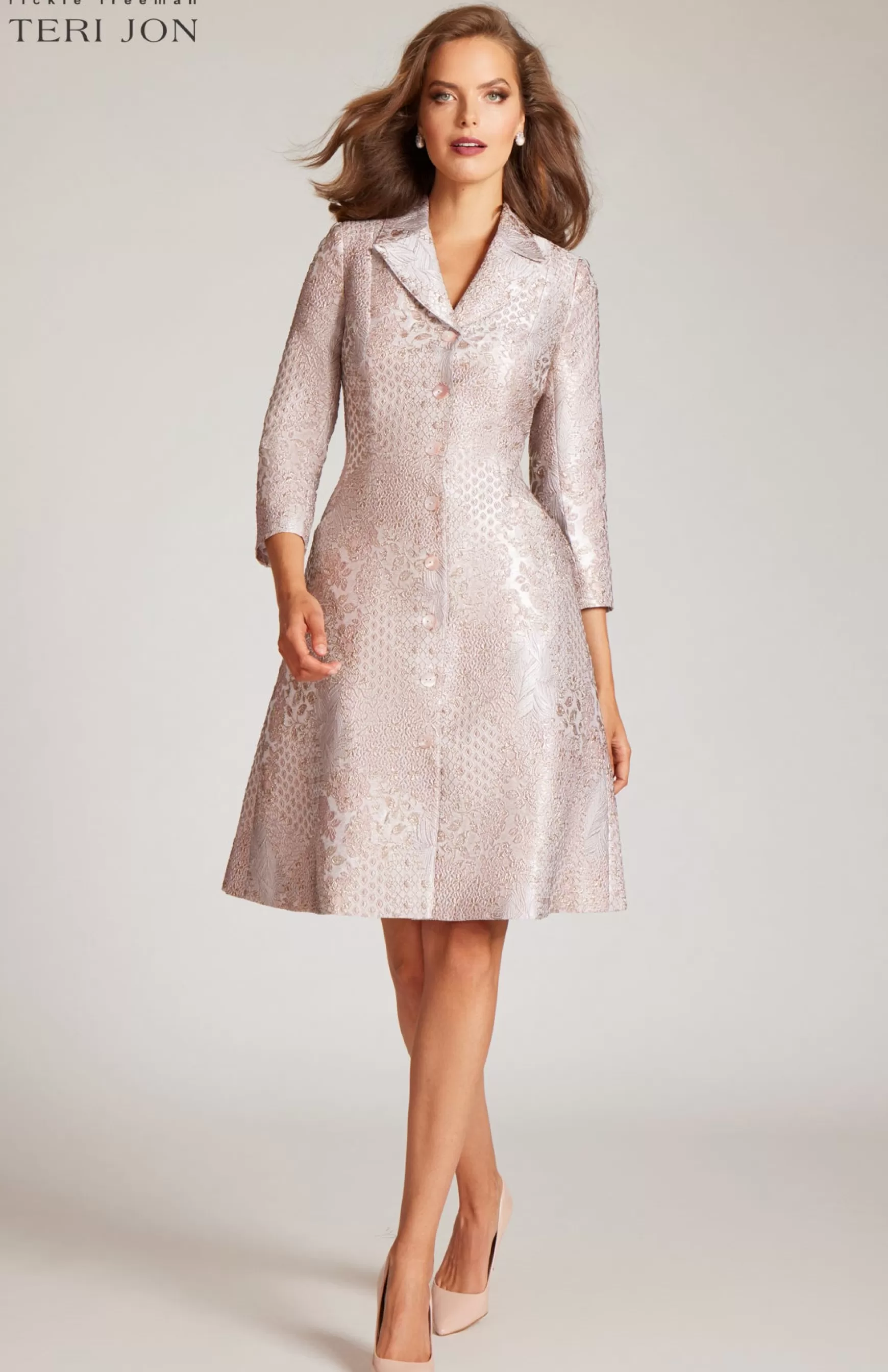 Guest of Wedding | Cocktail & Party Dresses*Teri Jon Tonal Metallic Pattern Coat Dress Blush Gold