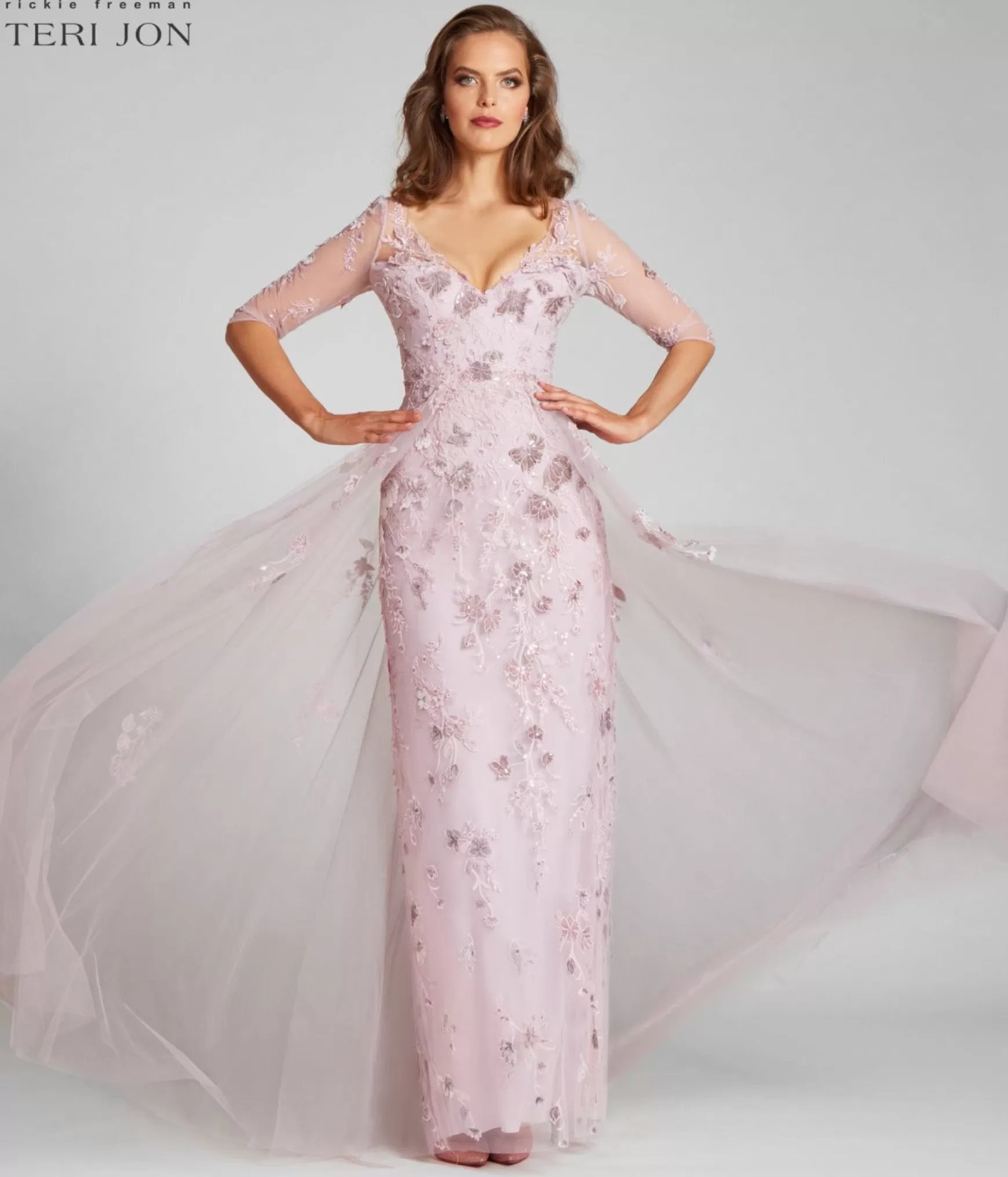 Evening & Formal Gowns*Teri Jon Tulle Velvet Floral Applique Gown Blush Pink