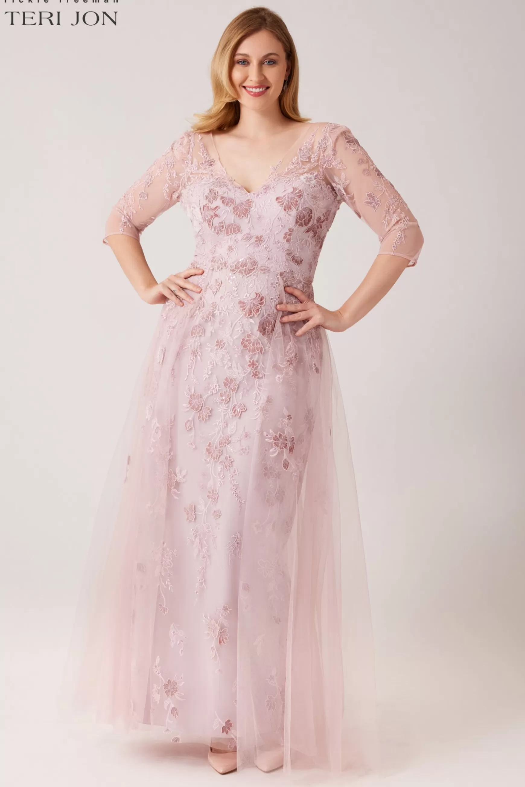 Evening & Formal Gowns*Teri Jon Tulle Velvet Floral Applique Gown Blush Pink