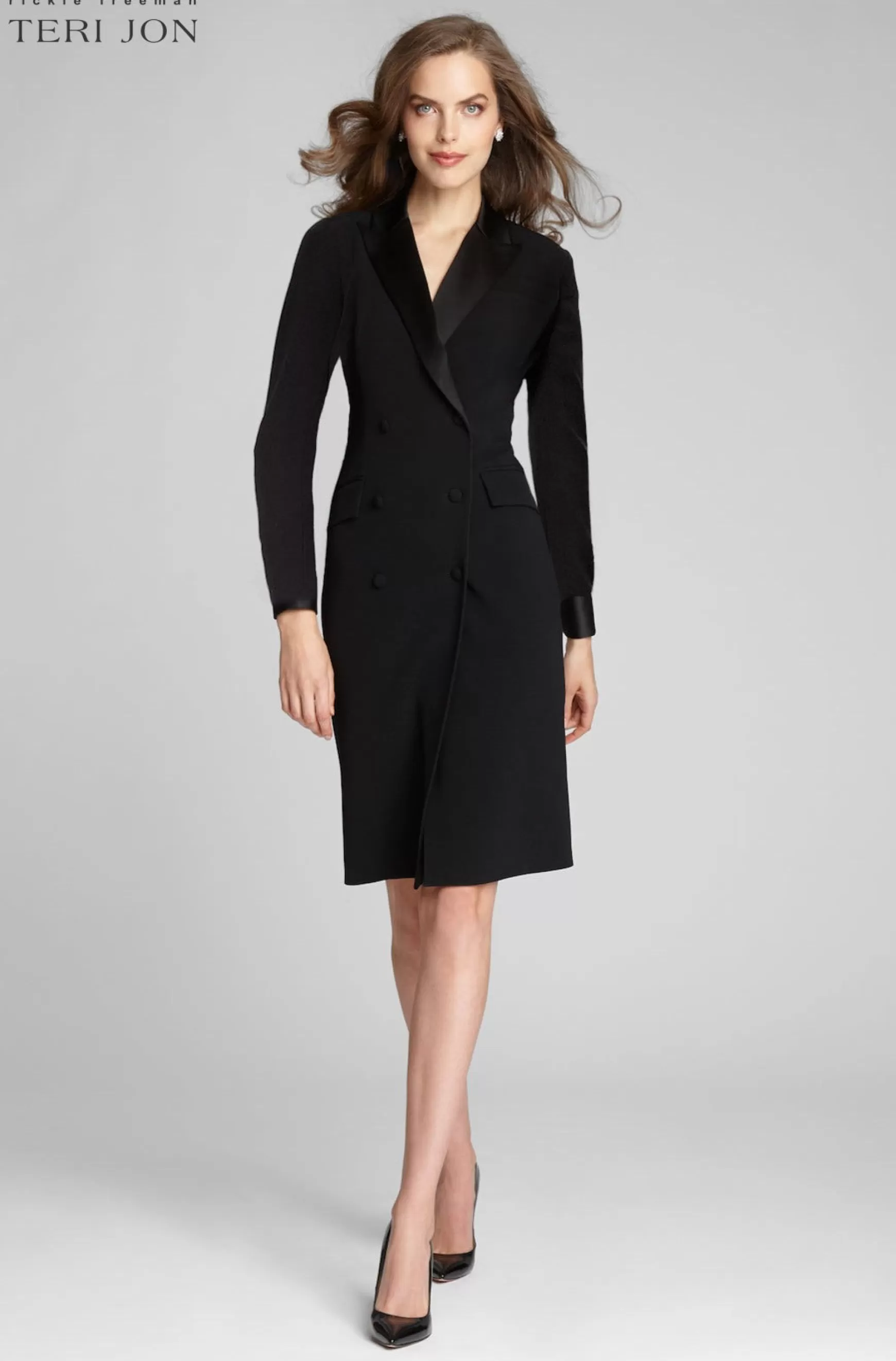 The Little Black Dress | Guest of Wedding*Teri Jon Tuxedo Long Sleeve Coat Dress Black