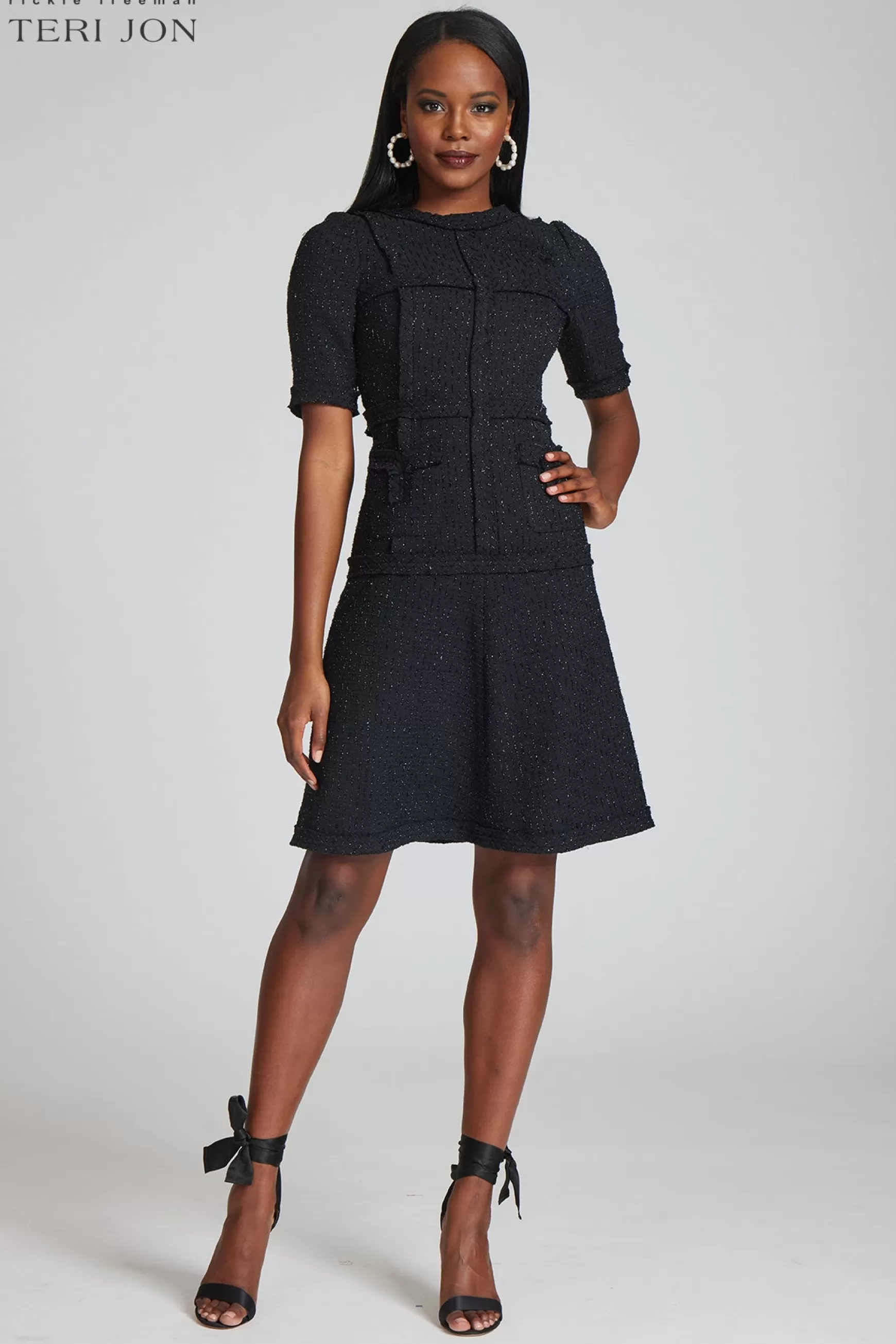 The Little Black Dress | Plus Size Dresses*Teri Jon Tweed Dress With Metallic Trim black-silver | black | emerald