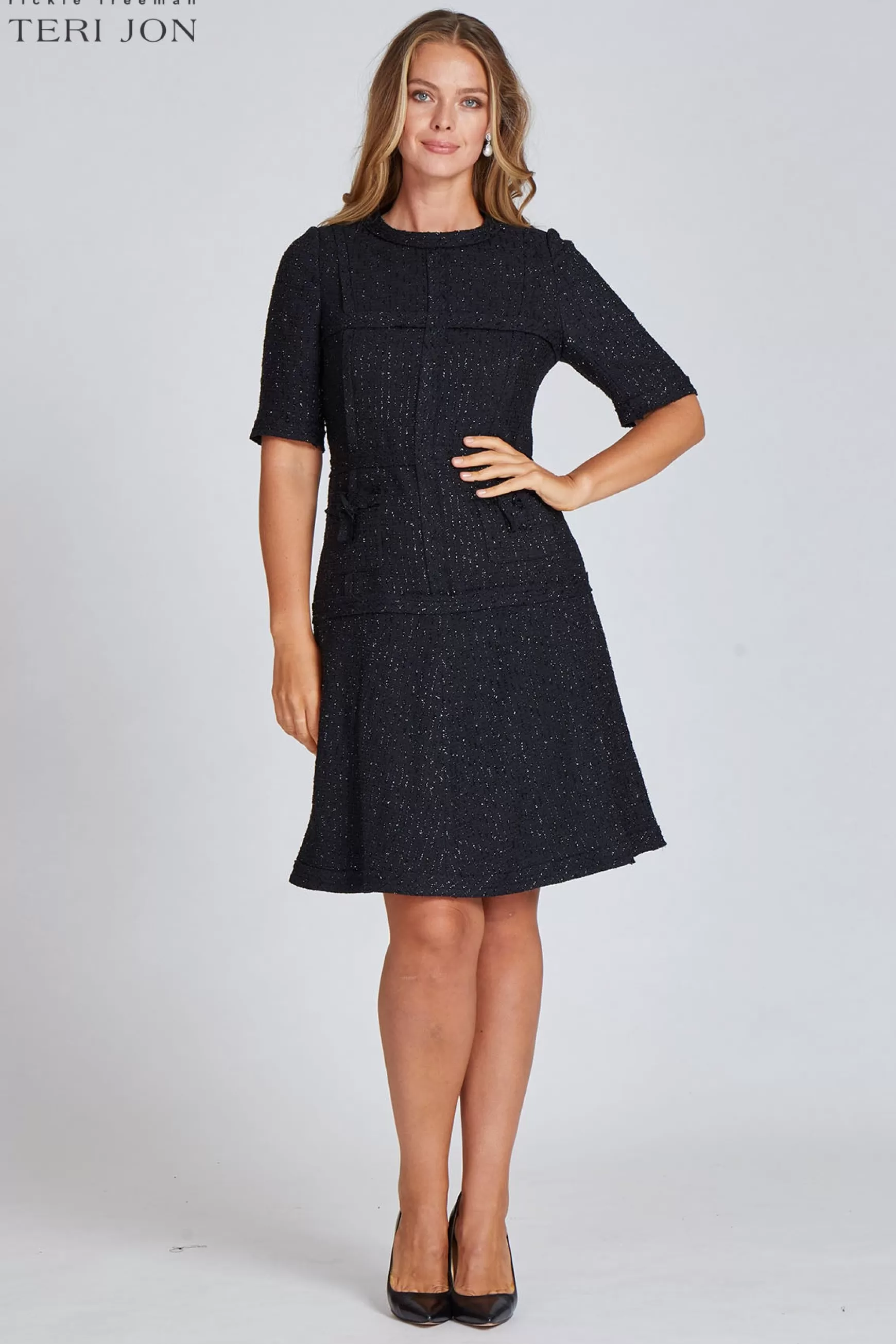 The Little Black Dress | Plus Size Dresses*Teri Jon Tweed Dress With Metallic Trim black-silver | black | emerald