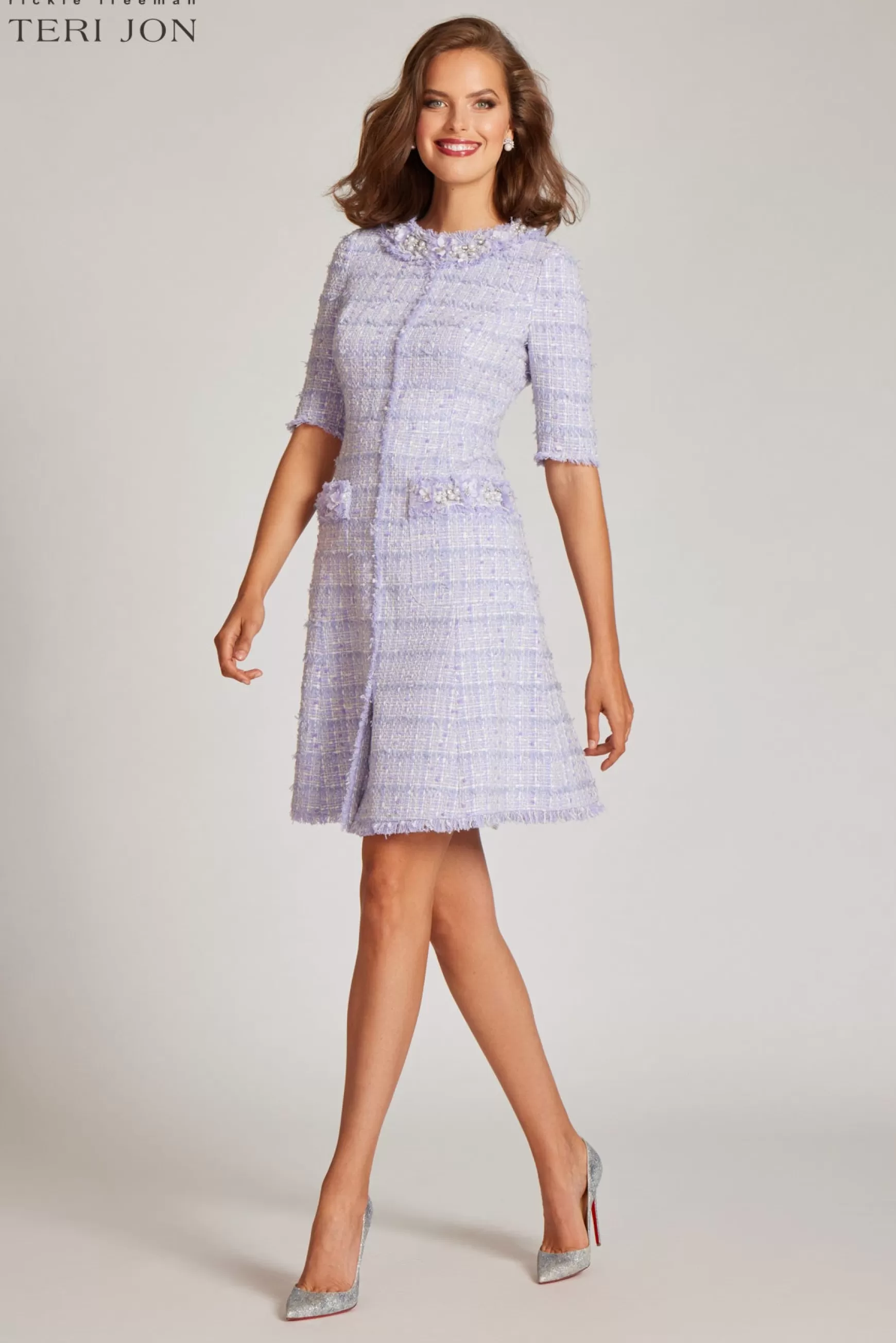 Coming Soon | Guest of Wedding*Teri Jon Tweed Elbow Sleeve Jewel Neckline Dress Lavender Multi