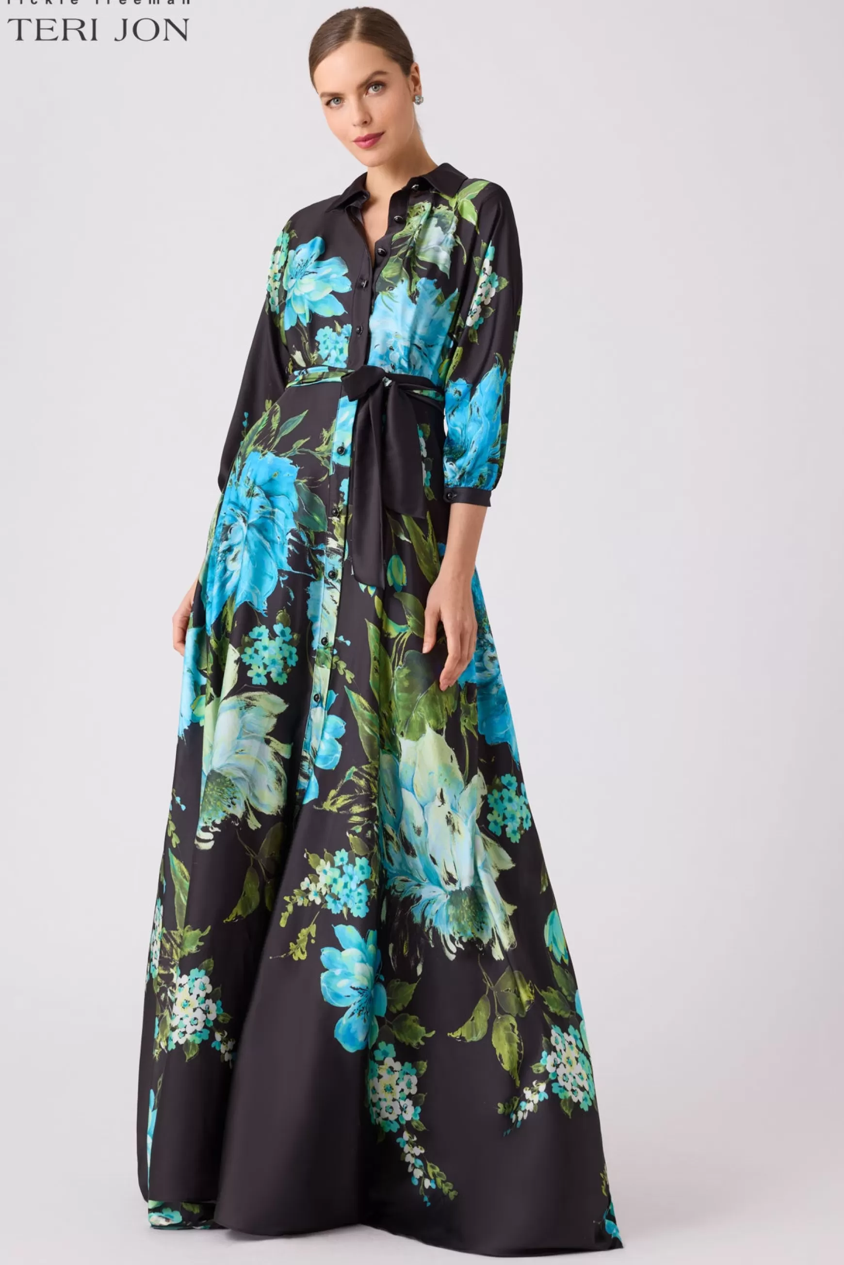 Coming Soon | Evening & Formal Gowns*Teri Jon Twill Floral Shirt Waist Maxi Gown Black Multi