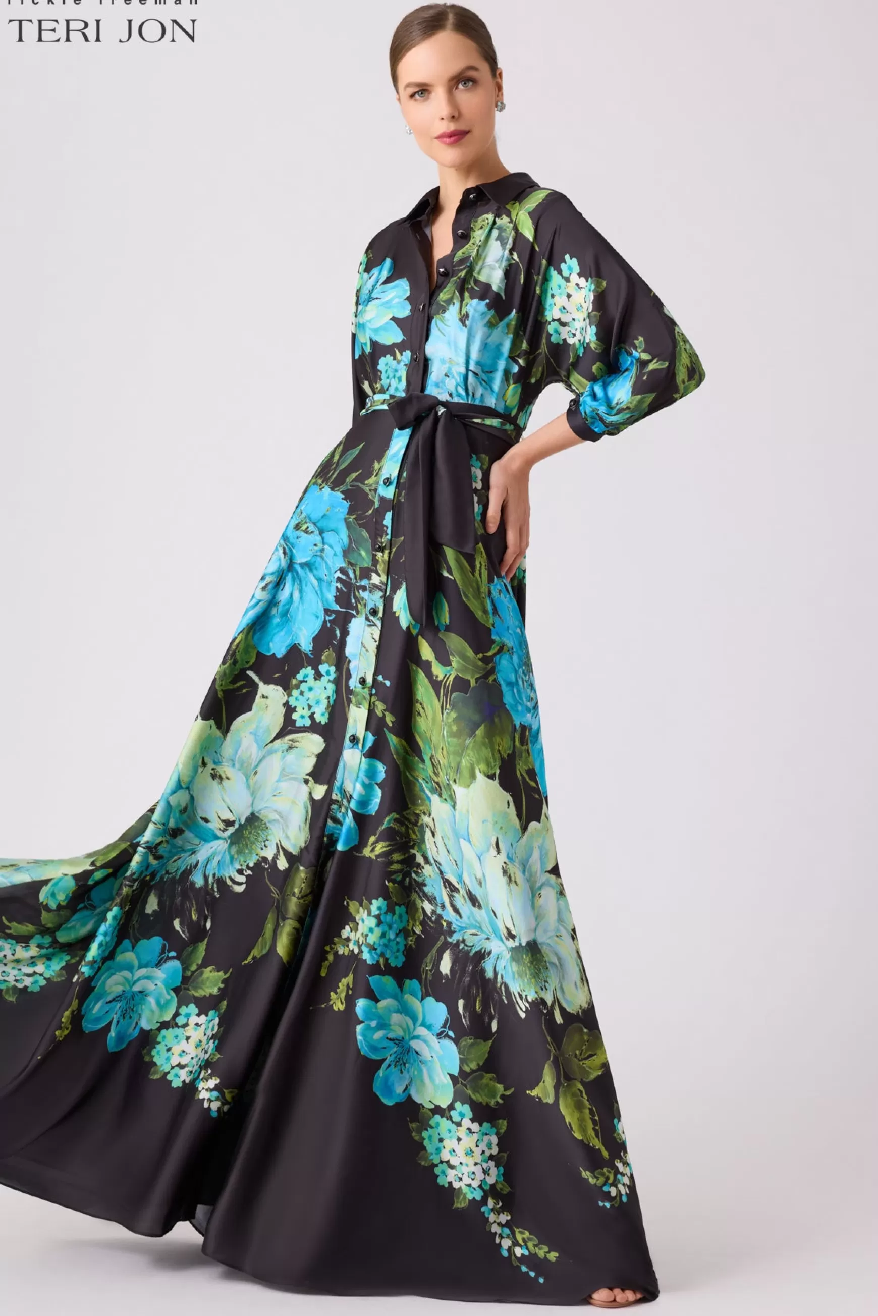 Coming Soon | Evening & Formal Gowns*Teri Jon Twill Floral Shirt Waist Maxi Gown Black Multi