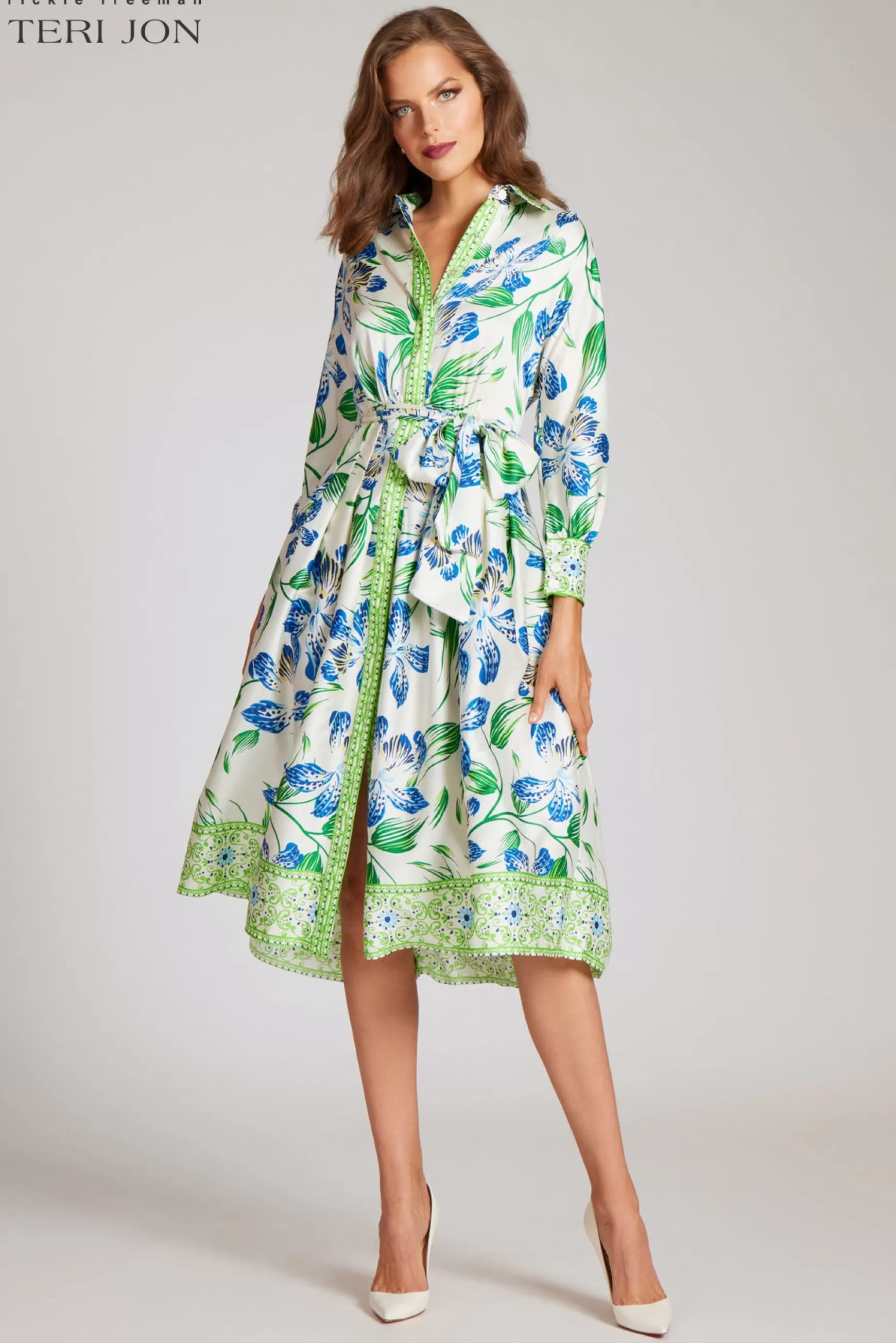 Cocktail & Party Dresses*Teri Jon Twill Leaf Print Shirt Dress White Multi