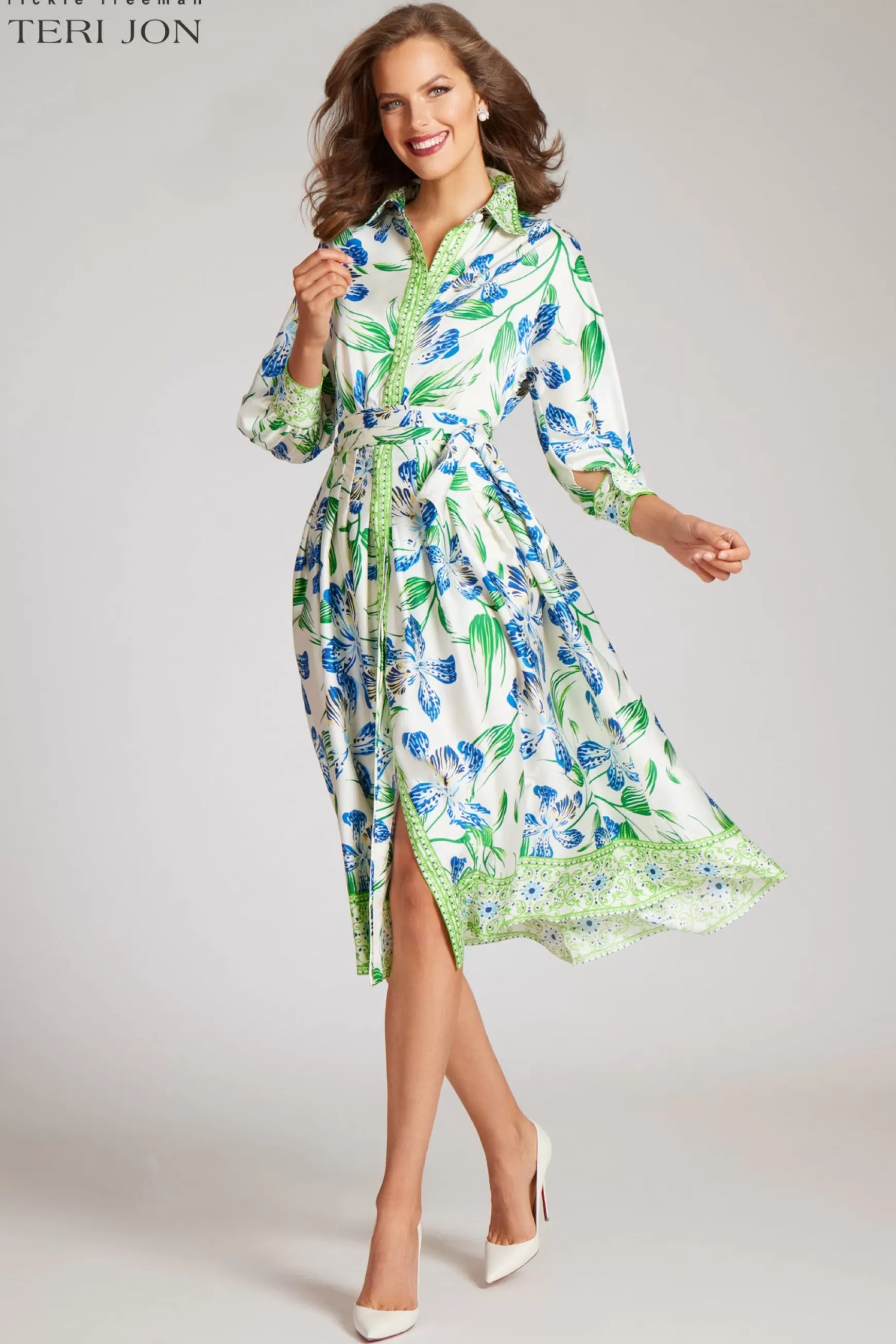 Cocktail & Party Dresses*Teri Jon Twill Leaf Print Shirt Dress White Multi