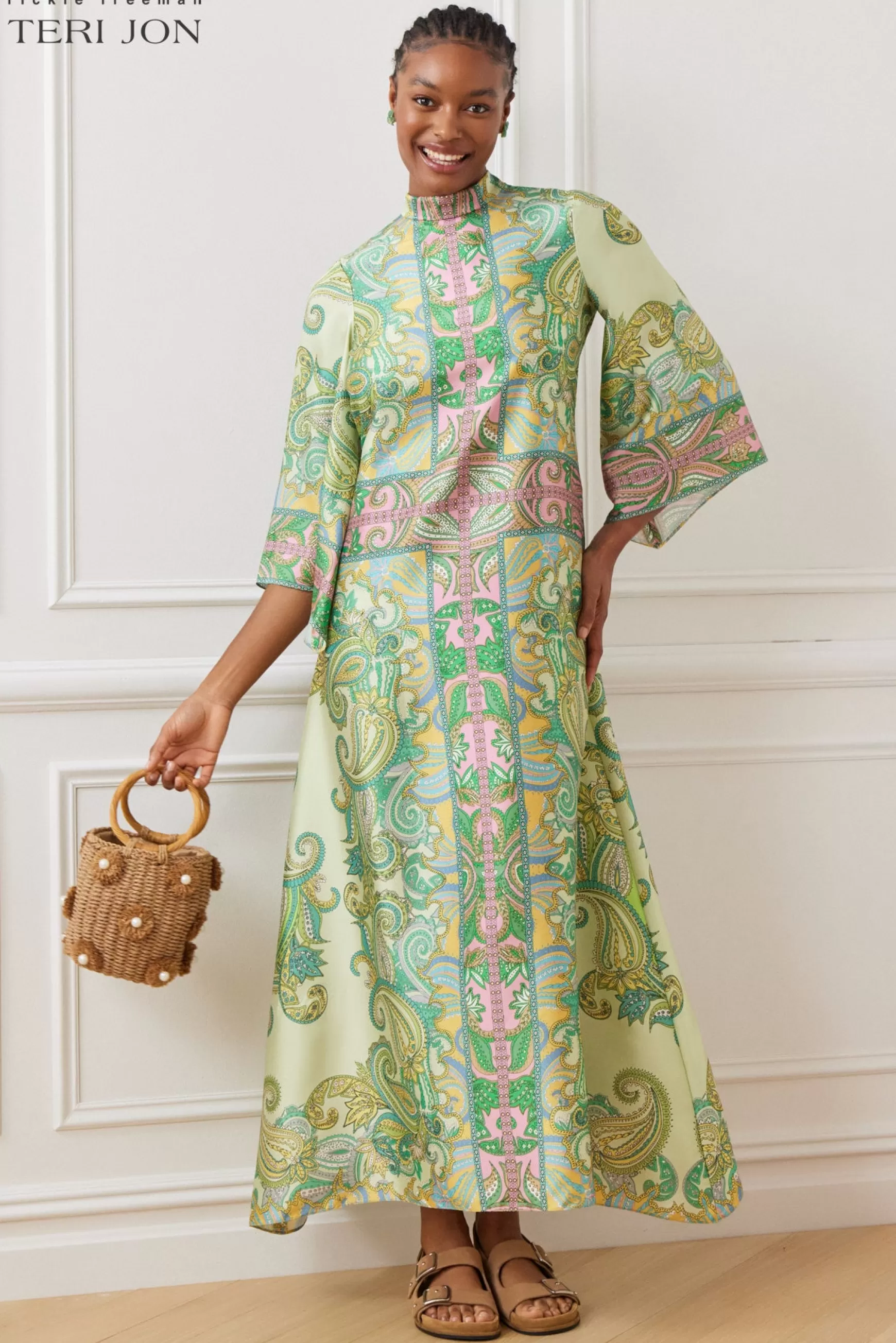 Cocktail & Party Dresses*Teri Jon Twill Mock Neck Paisley Print Dress Green Multi