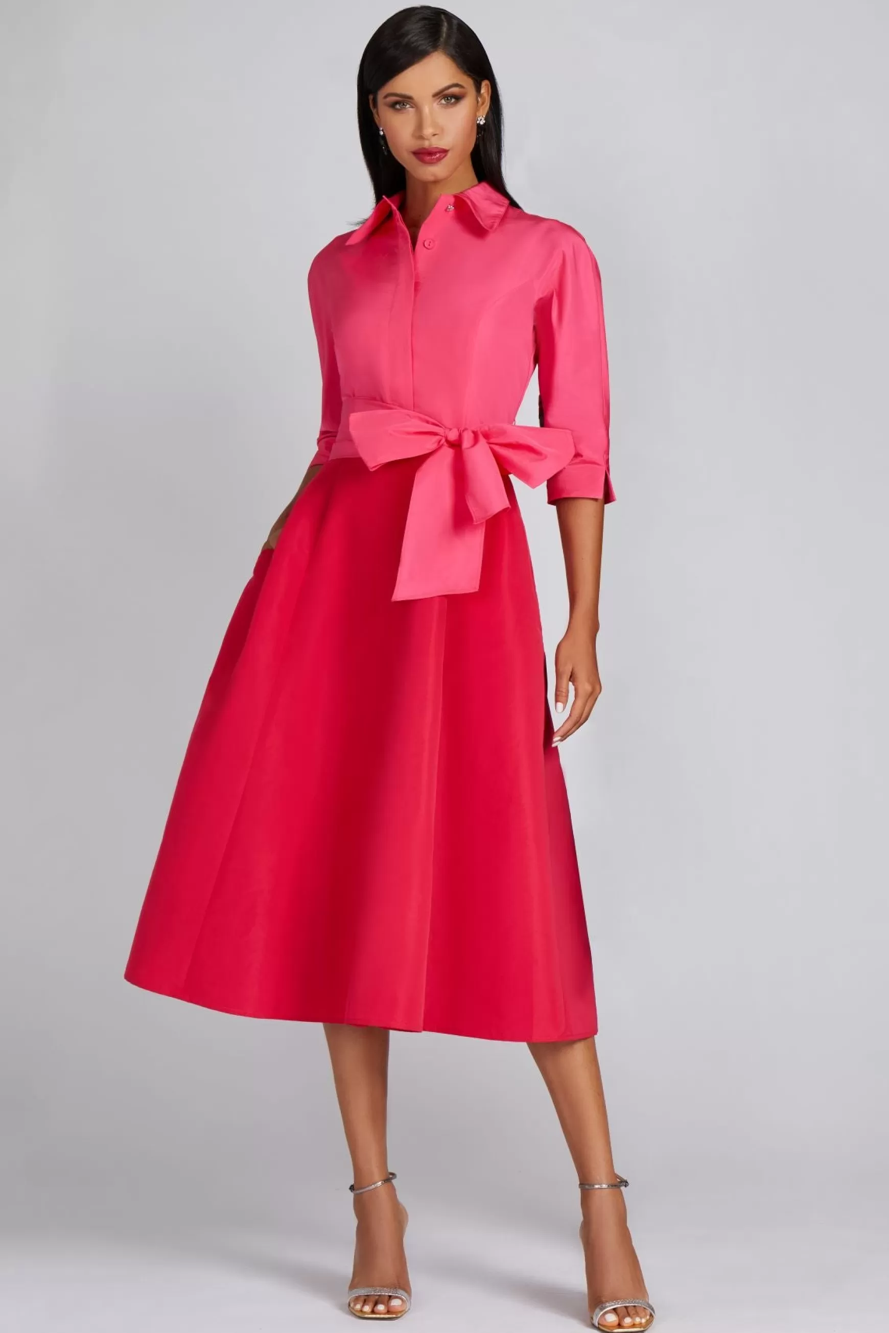 Plus Size Dresses | Shop Best Sellers*Teri Jon Two Tone Taffeta Shirt Dress fuchsia-red | fuchsia-purple