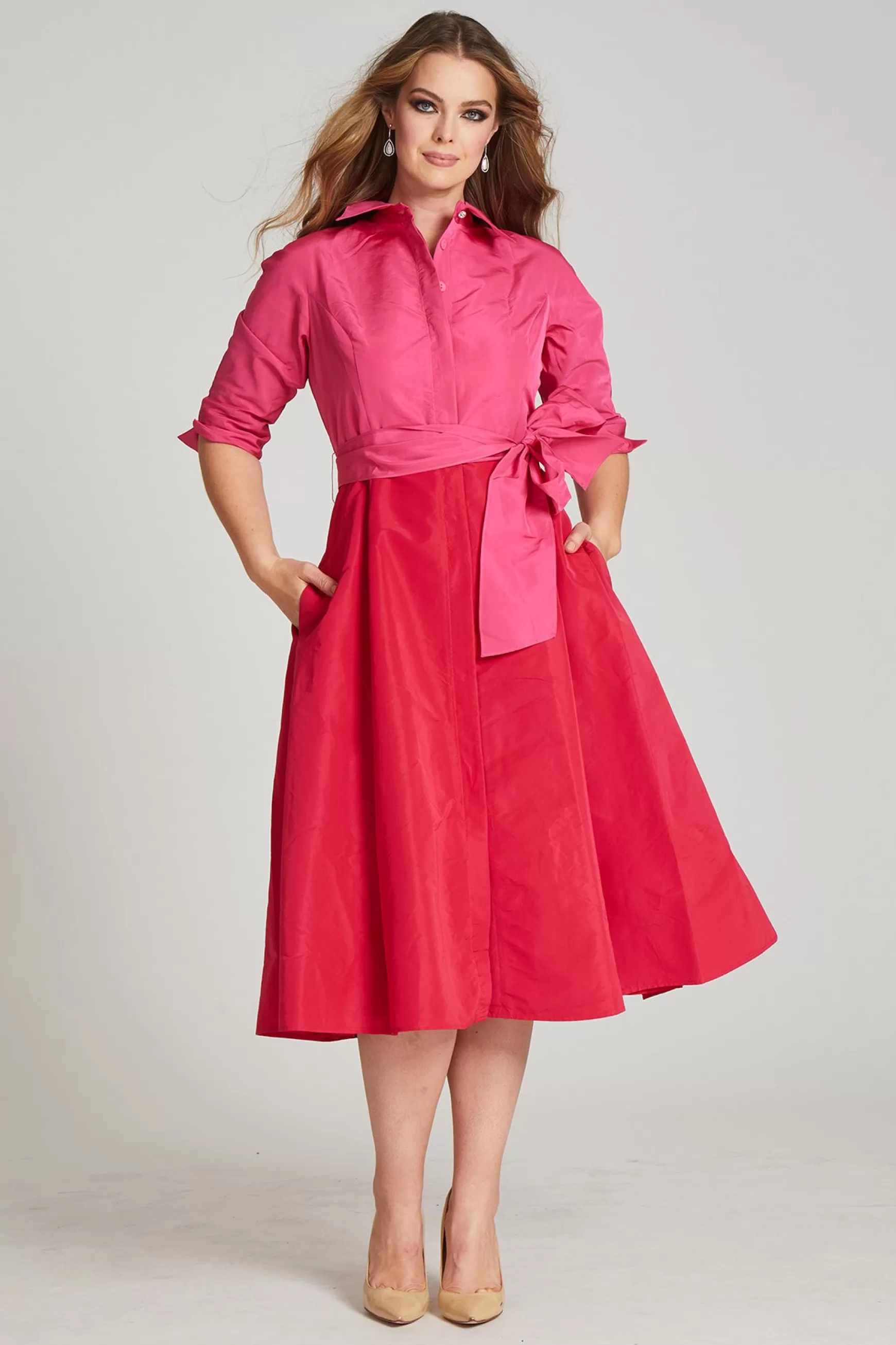 Plus Size Dresses | Shop Best Sellers*Teri Jon Two Tone Taffeta Shirt Dress fuchsia-red | fuchsia-purple